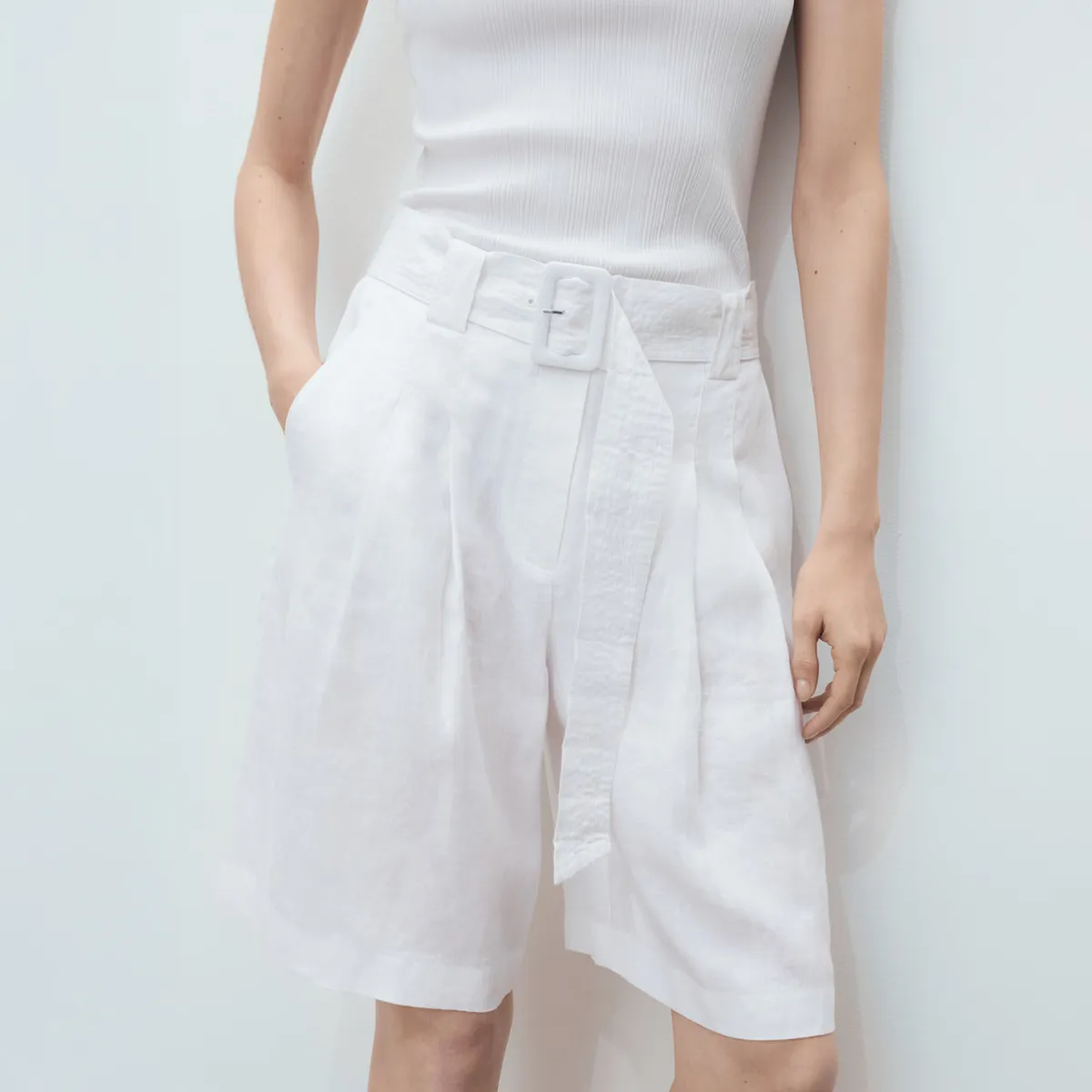 MANGO - Bermudas Lino Cinturón Mujer Mango