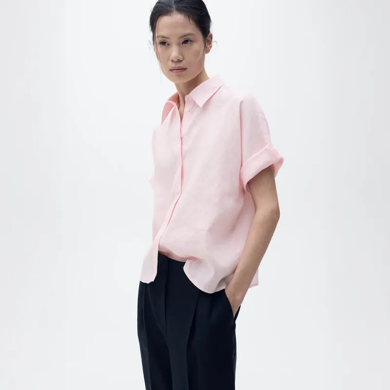 MANGO - Camisa Lino Manga Corta Mujer Mango