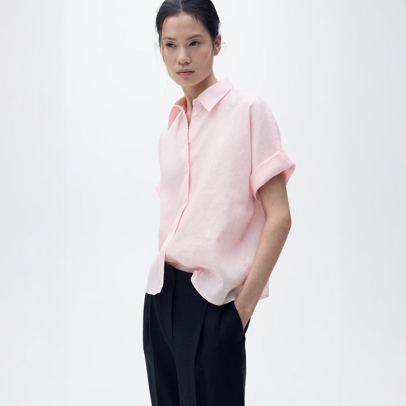 MANGO - Camisa Lino Manga Corta Mujer Mango