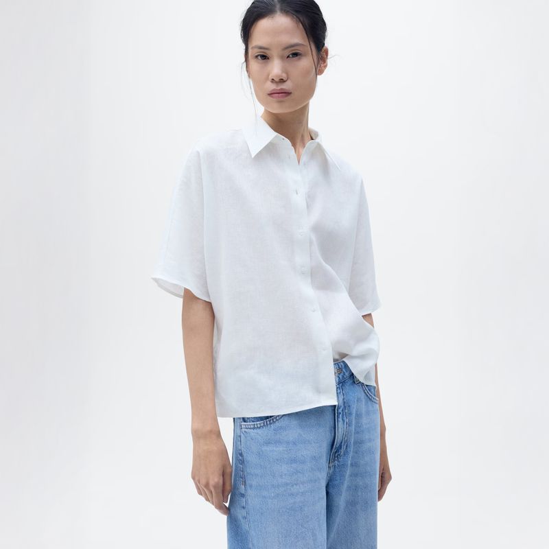 MANGO - Camisa Lino Manga Corta Mujer Mango