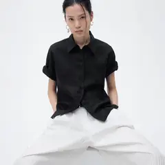 MANGO - Camisa Lino Manga Corta Mujer