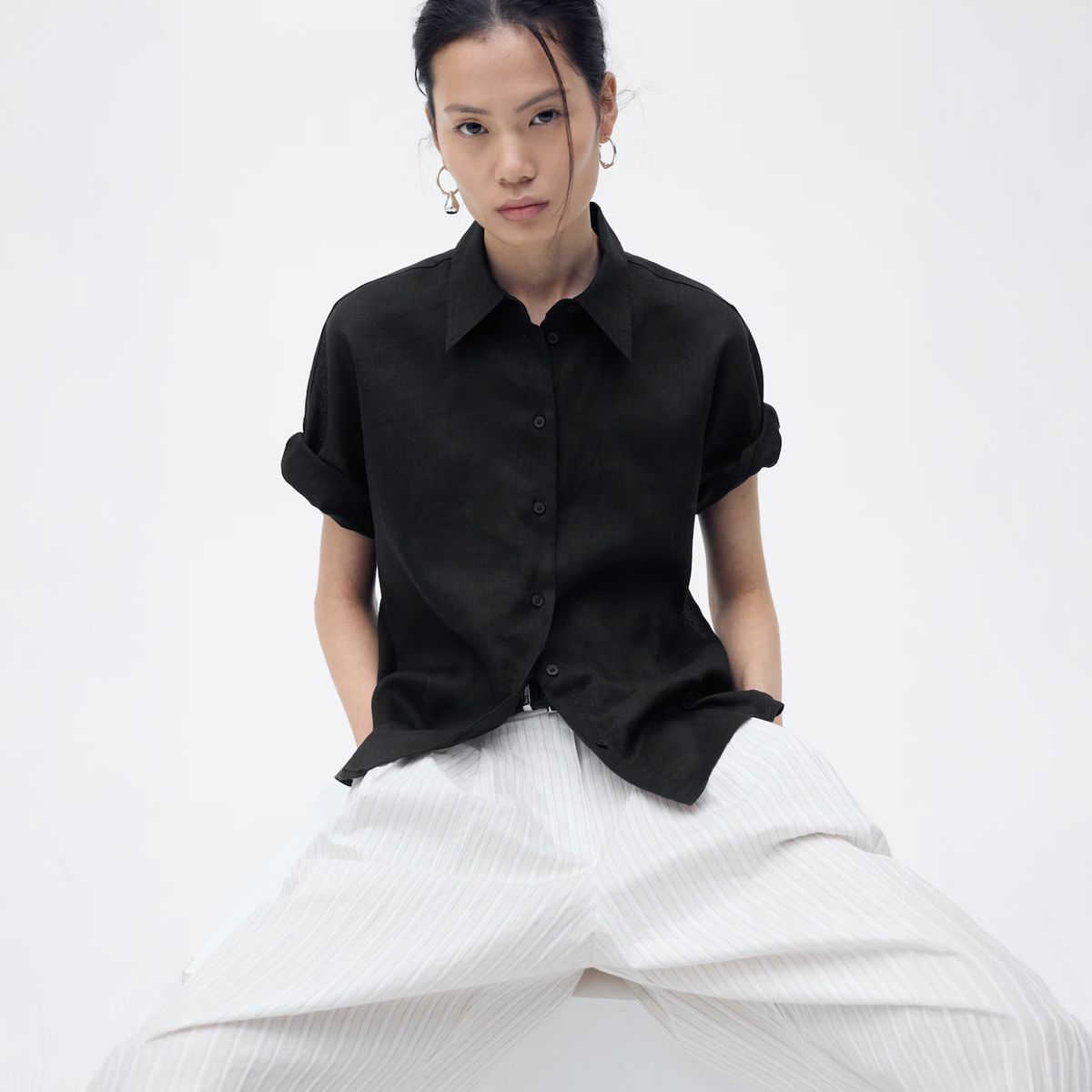 MANGO - Camisa Lino Manga Corta Mujer Mango