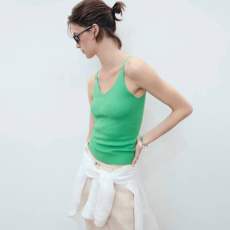 MANGO - Top Punto Escote Pico Mujer Mango