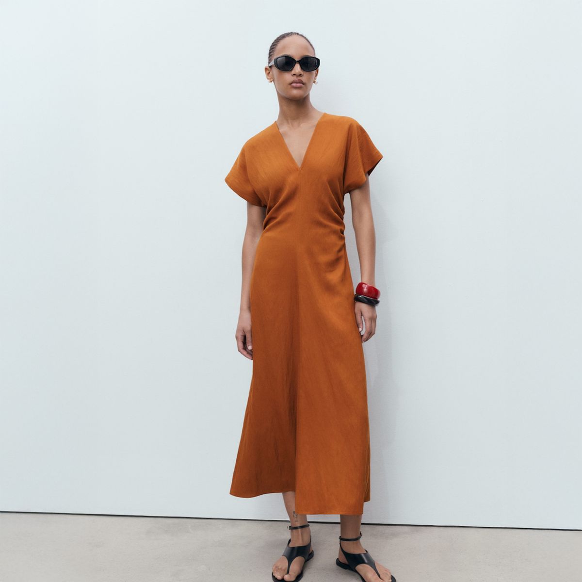 MANGO - Vestido Midi Fruncidos Laterales Mujer Mango