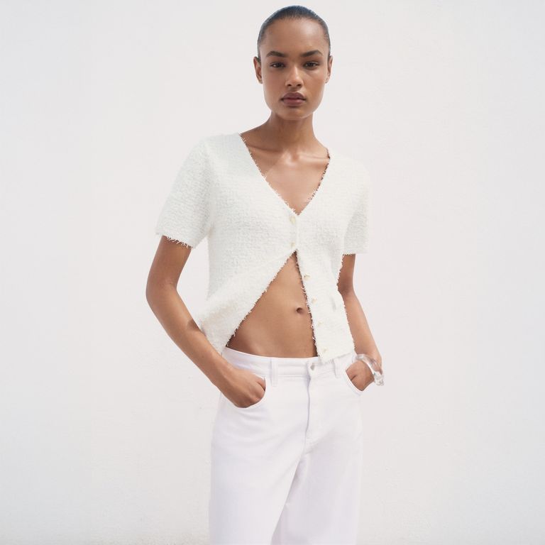 MANGO Cárdigan Bouclé Manga Corta Mujer