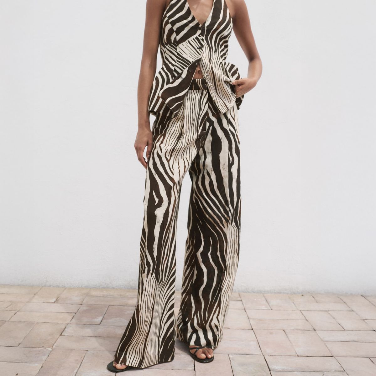 MANGO - Pantalón Lino Estampado Cebra Mujer Mango