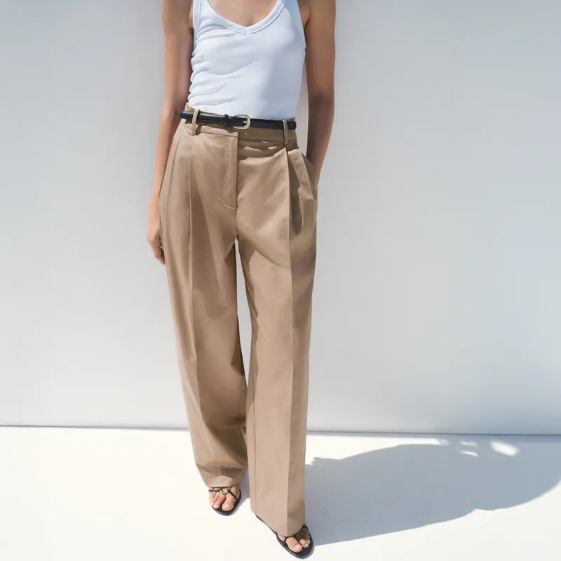 MANGO - Pantalón Algodón Recto Pinzas Mujer Mango