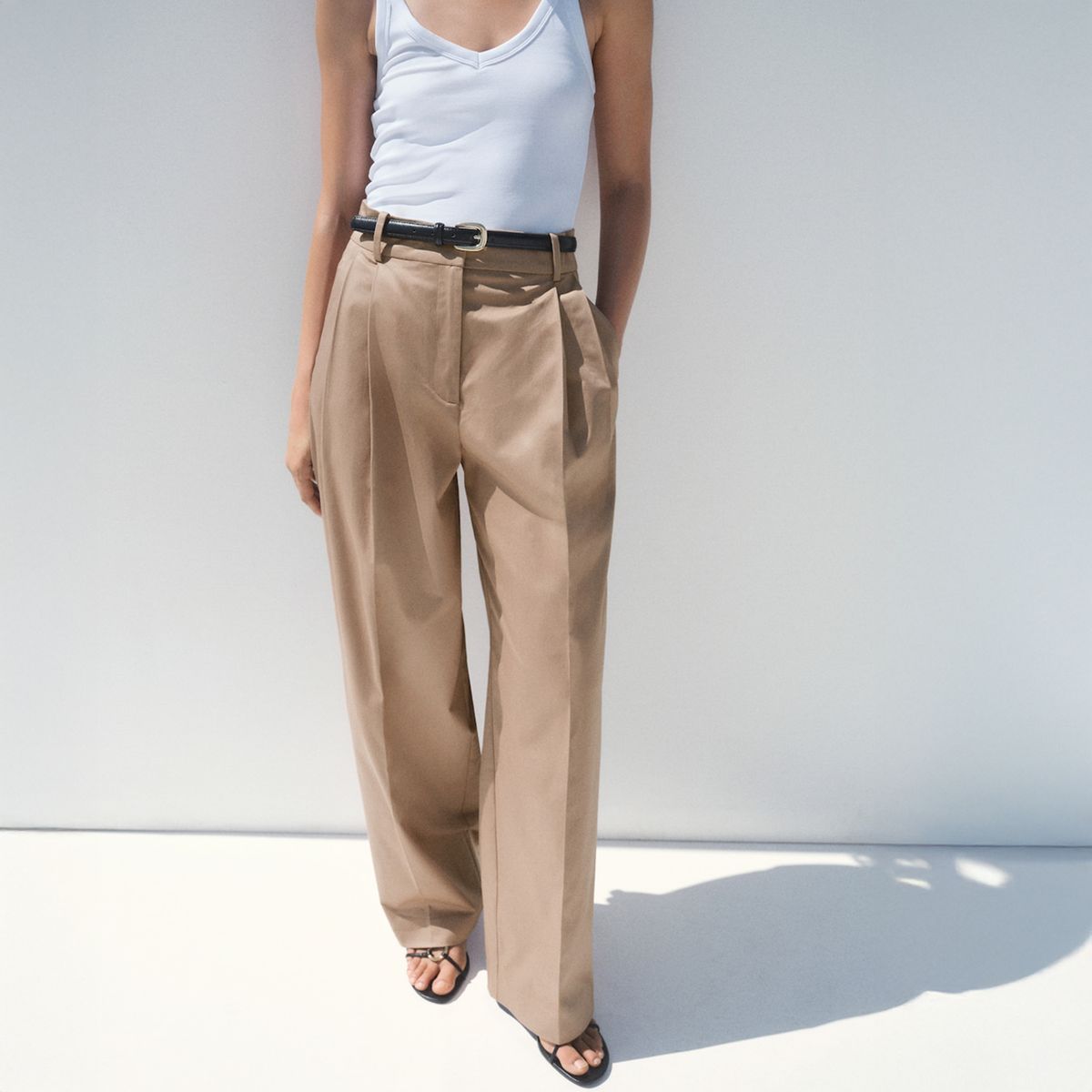 MANGO - Pantalón Algodón Recto Pinzas Mujer Mango