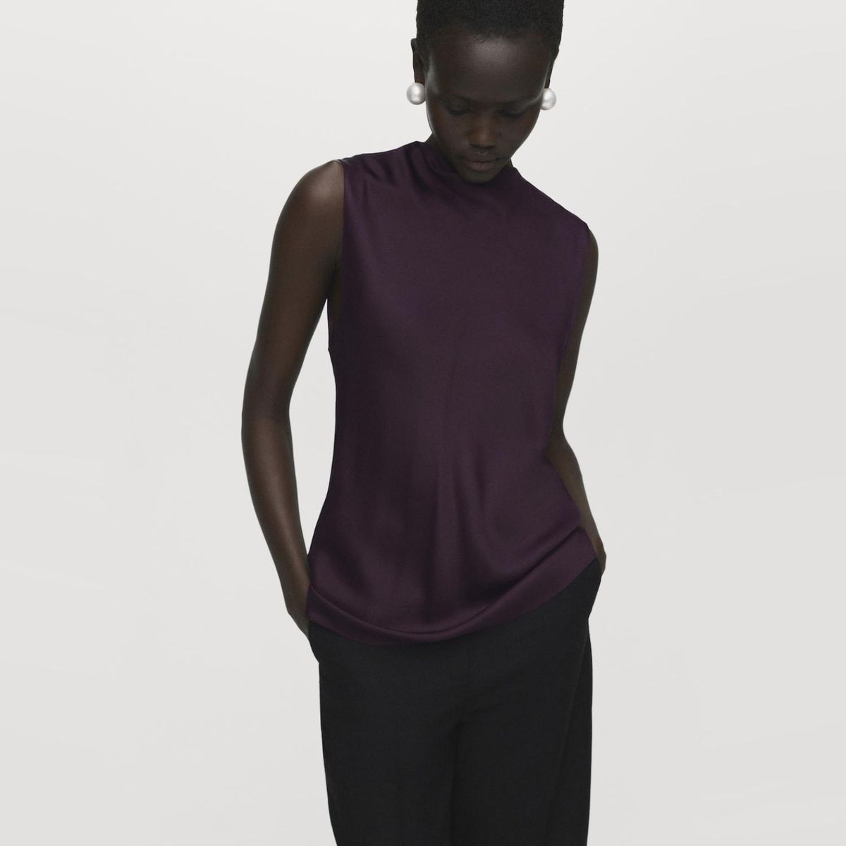 MANGO - Blusa Satinada Cuello Drapeado Mujer Mango