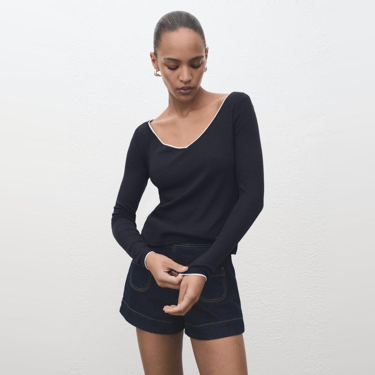 MANGO - Polera Combinada Cuello Pico Mujer Mango