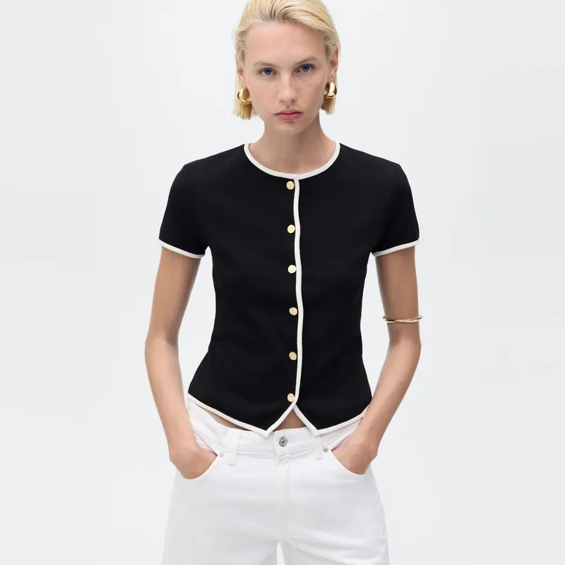 MANGO - Polera Algodón Ribetes Contraste Mujer Mango