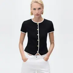 MANGO - Polera Algodón Ribetes Contraste Mujer