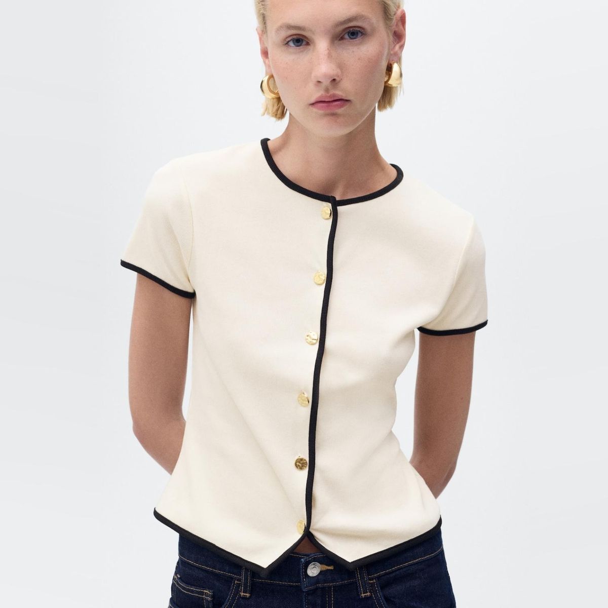 MANGO - Polera Algodón Ribetes Contraste Mujer Mango