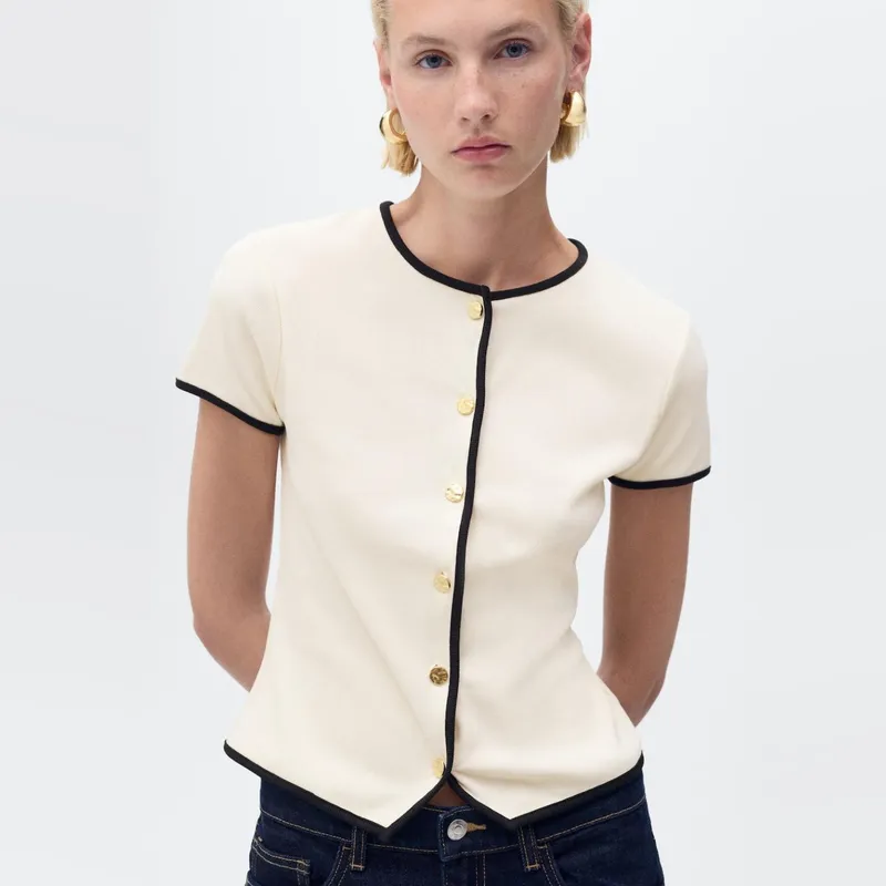 MANGO - Polera Algodón Ribetes Contraste Mujer Mango