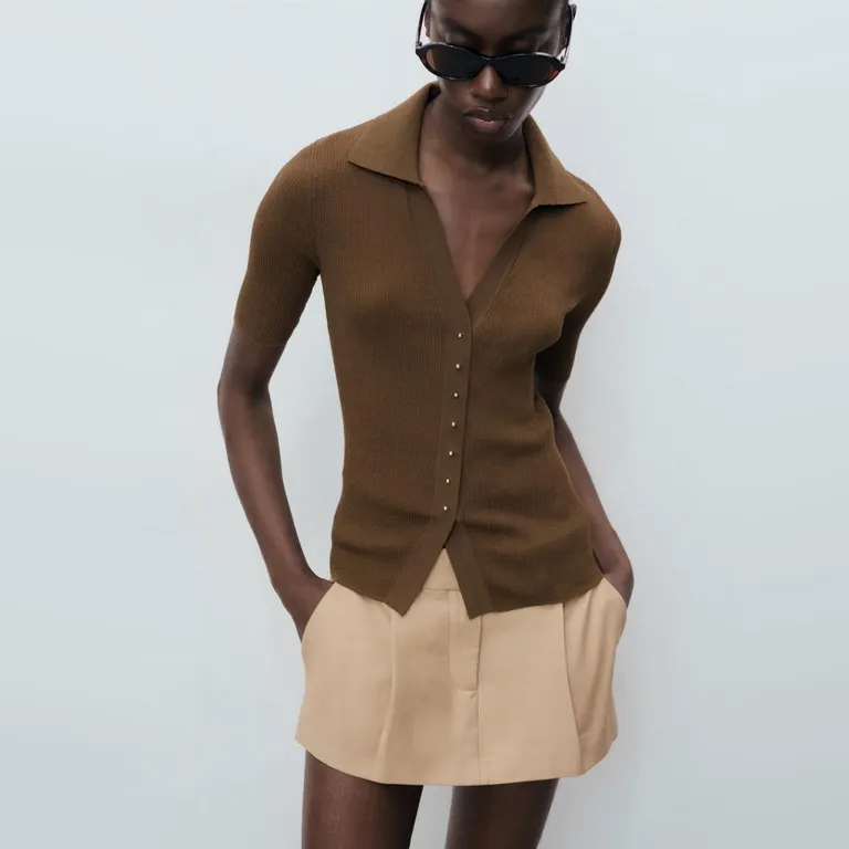 Sweater Punto Fino Cuello Camisero Mujer