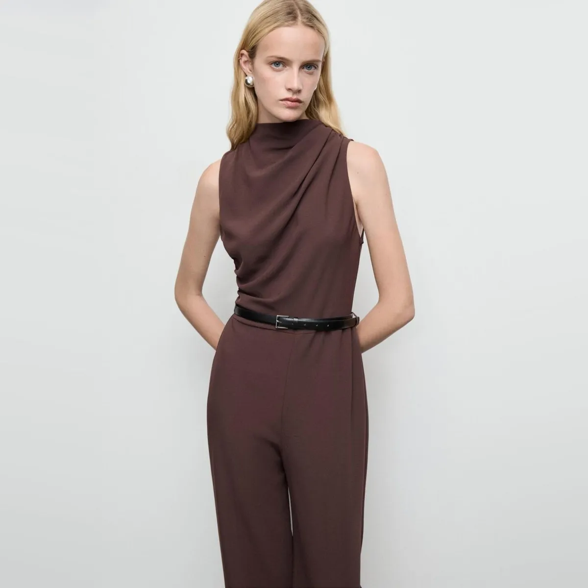 MANGO - Enterito Largo Cuello Drapeado Cinturón Mujer Mango