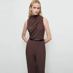 MANGO - Enterito Largo Cuello Drapeado Cinturón Mujer