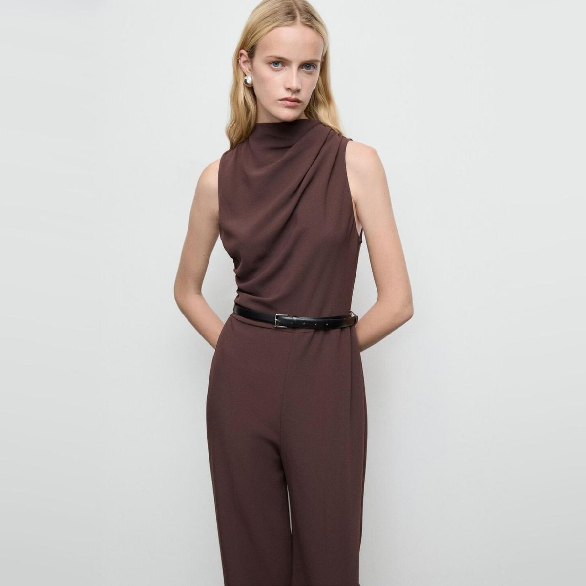 MANGO - Enterito Largo Cuello Drapeado Cinturón Mujer Mango