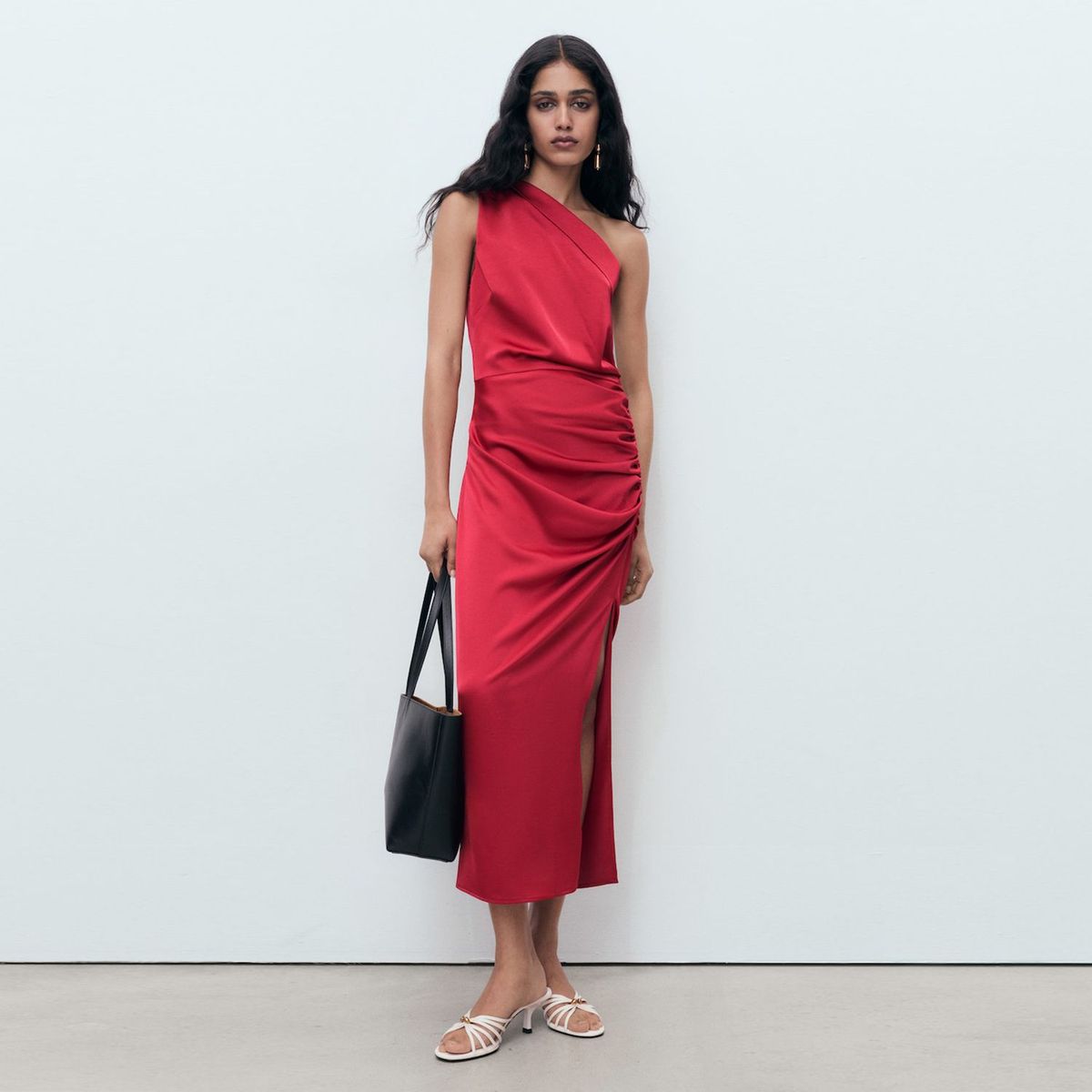 MANGO - Vestido Asimétrico Satinado Fruncido Lateral Mujer Mango