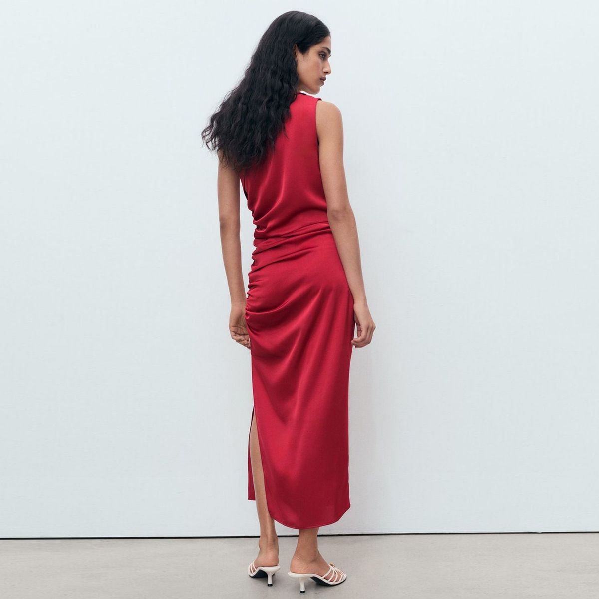 MANGO - Vestido Asimétrico Satinado Fruncido Lateral Mujer Mango