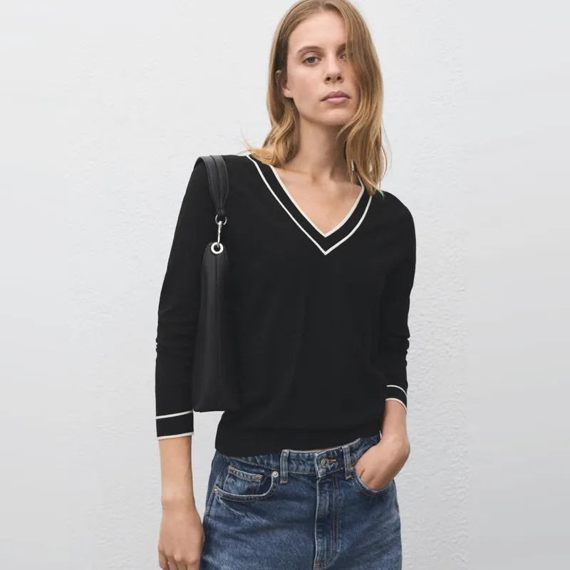 MANGO - Sweater Cuello Pico Contraste Mujer Mango