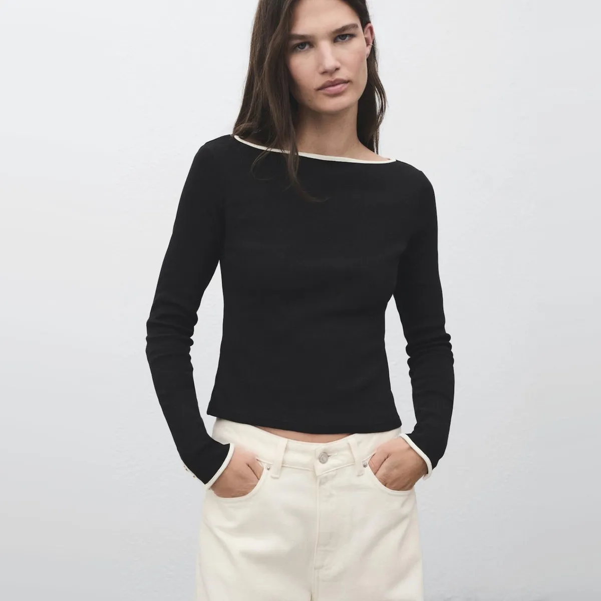 MANGO - Polera Algodón Puños Abotonados Mujer Mango