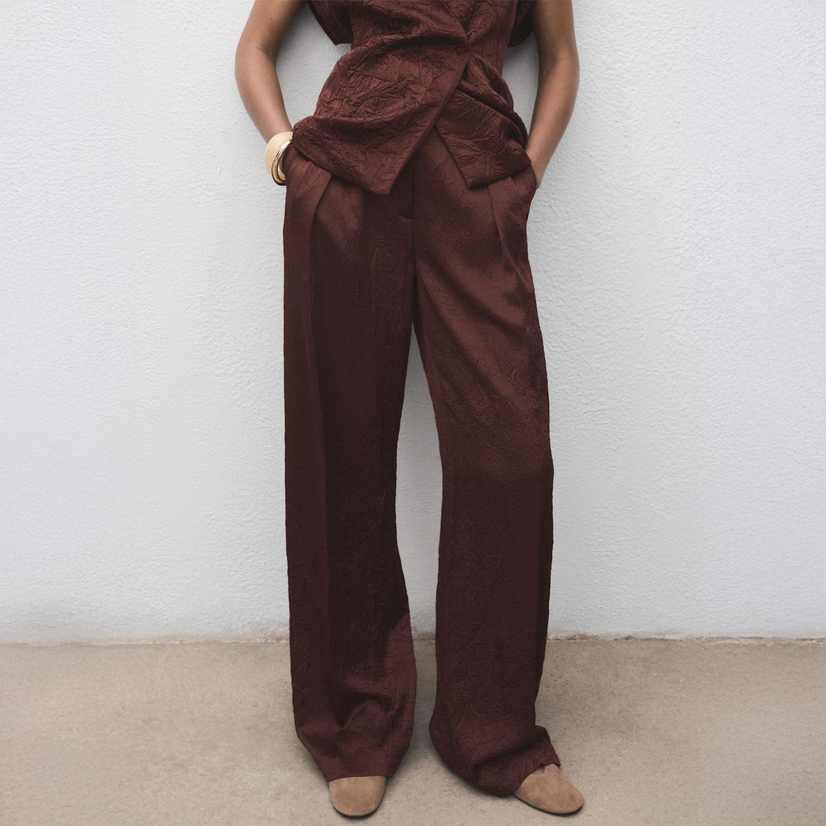 MANGO - Pantalón Recto Efecto Arrugado Mujer Mango