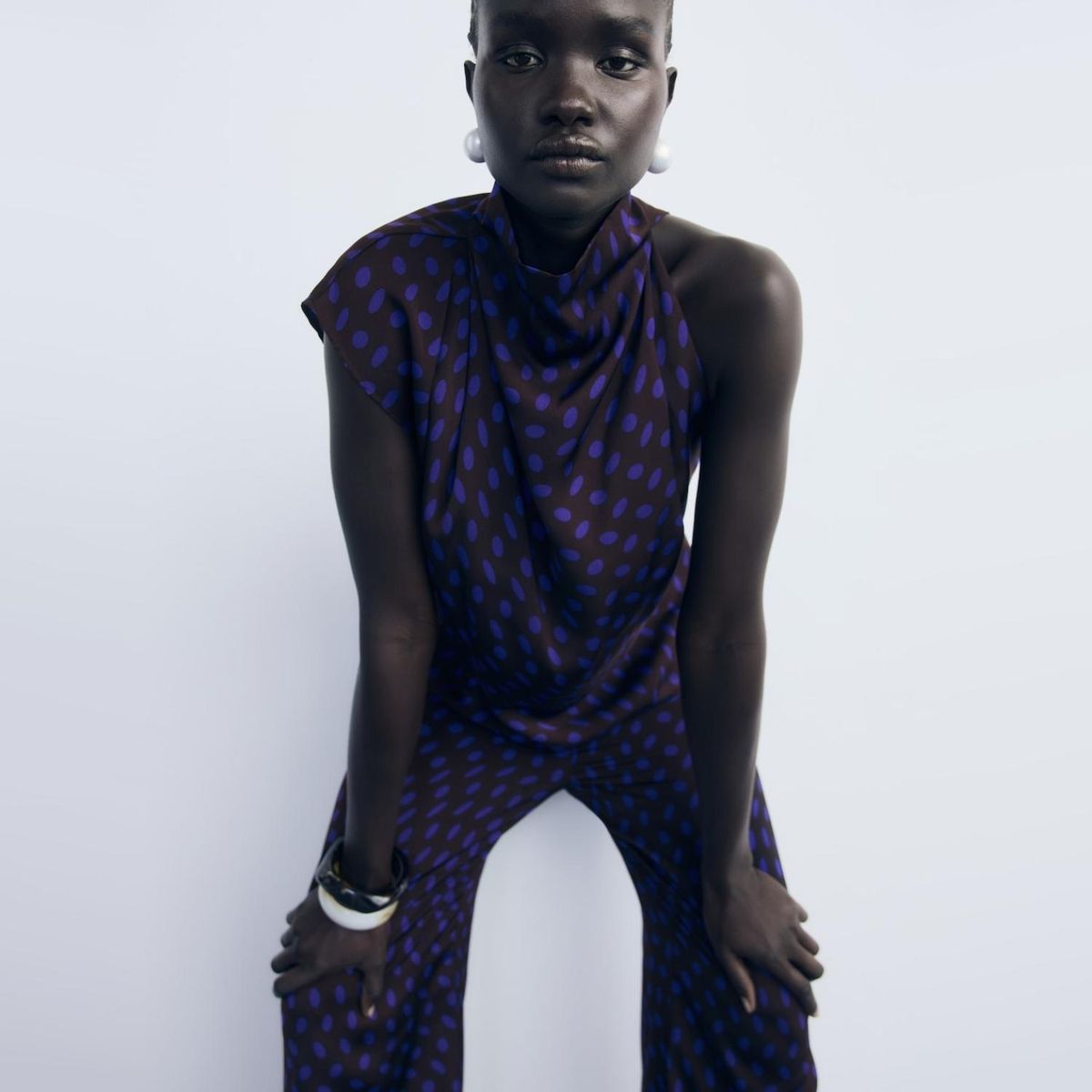 MANGO - Blusa Lunares Cuello Drapeado Mujer Mango