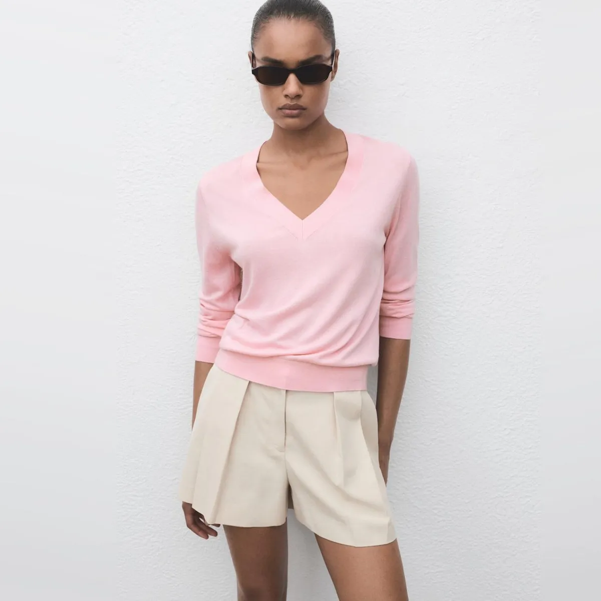 MANGO - Sweater Punto Fino Cuello V Mujer Mango