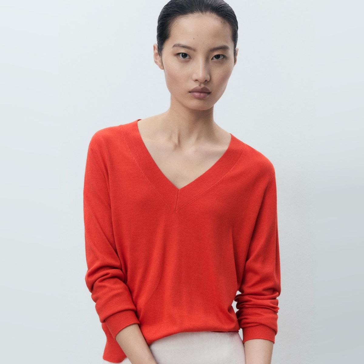 MANGO - Sweater Punto Fino Cuello V Mujer Mango