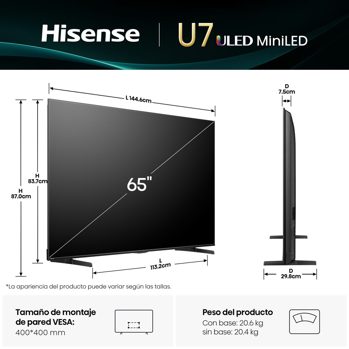 HISENSE - Smart Tv 65" QLED MINILED 4K UHD GOOGLE TV Gamer 144HZ 65U7QG Hisense