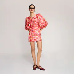 LAAGAM - Vestido Corto Estampado Mangas Abullonadas y Lazo Espalda