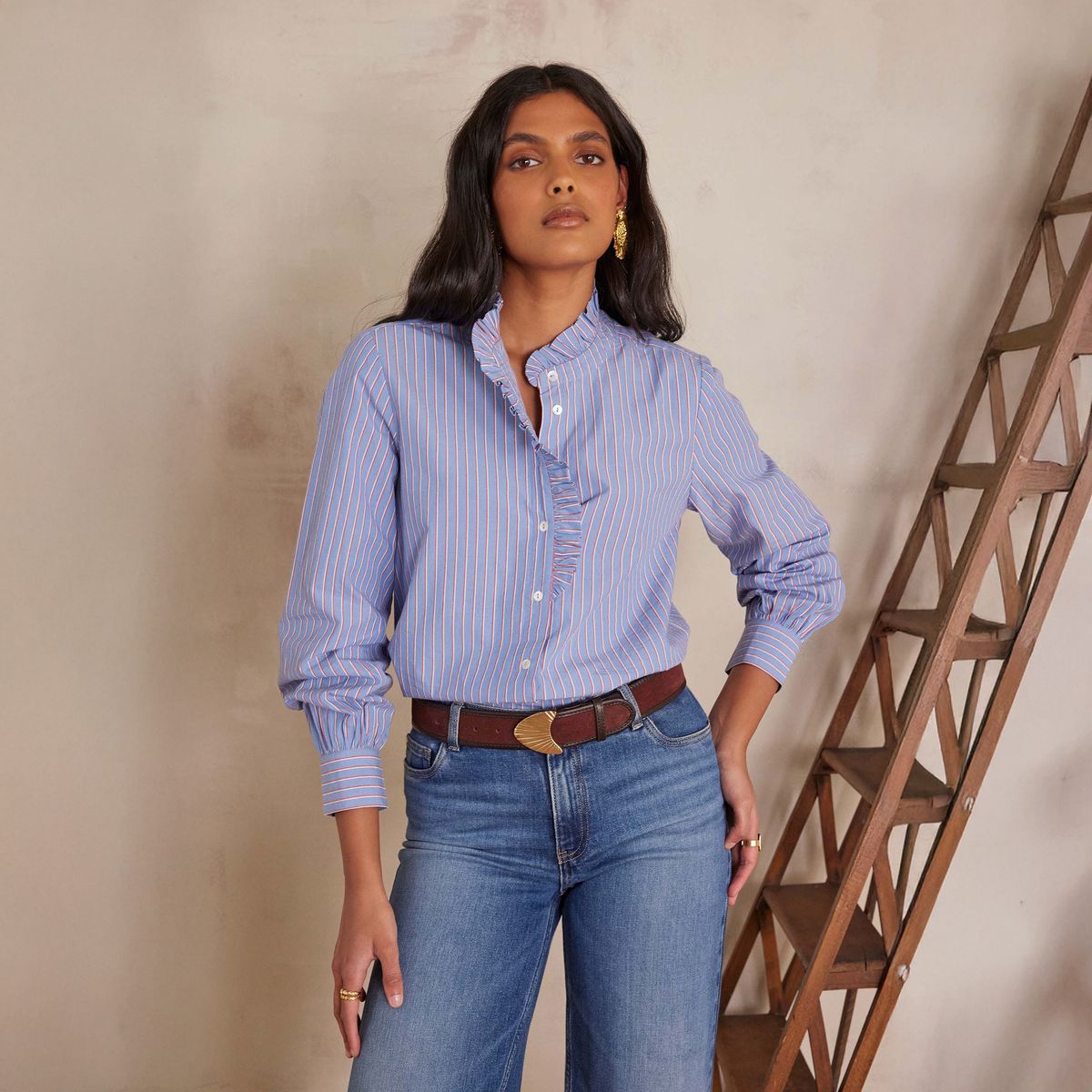 MAISON 123 - Blusa Rayas Cuello Alto 100% Algodón Mujer Maison 123