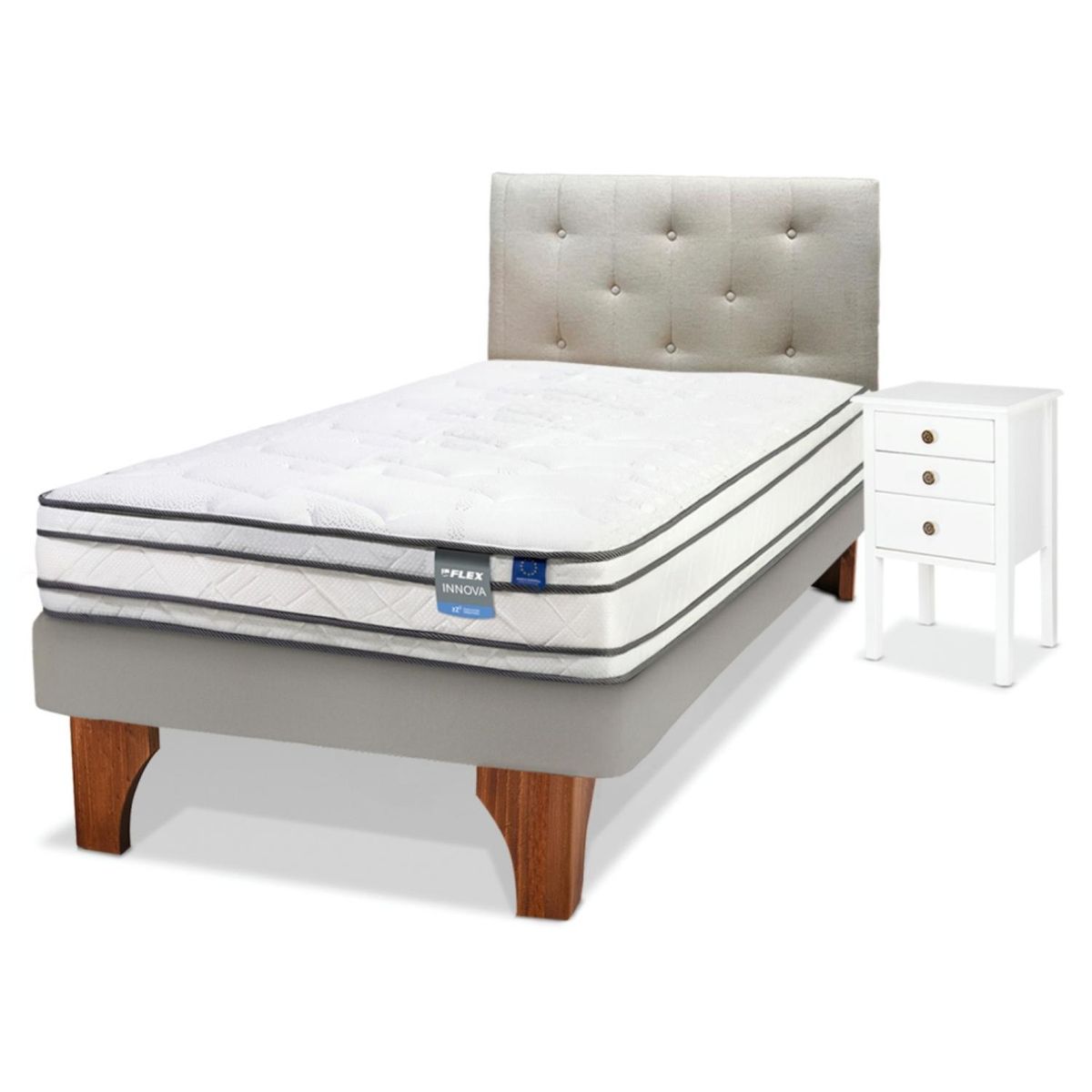 FLEX - Cama Europea Innova 1.5 Plaza (105x200) Flex + Respaldo Almendra + Velador Roma
