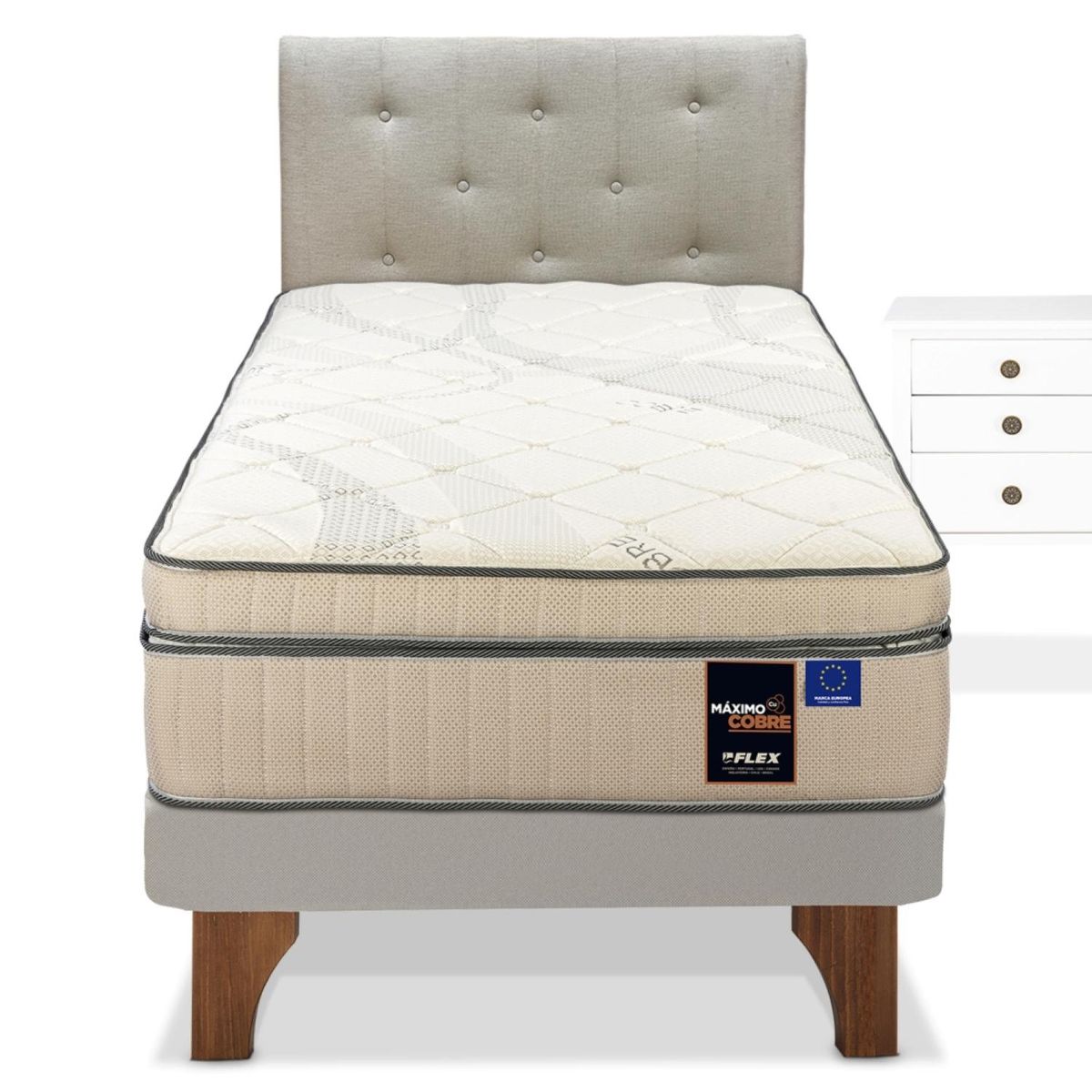 FLEX - Cama Europea Maximo Cobre 1.5 Plazas x 2.00mt  + Respaldo + 1 Velador Flex