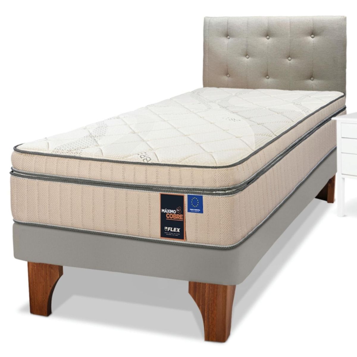 FLEX - Cama Europea Maximo Cobre 1.5 Plazas x 2.00mt  + Respaldo + 1 Velador Flex