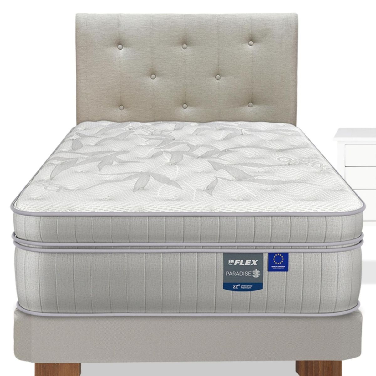 FLEX - Cama Europea Paradise 1.5 Plazas x 2.00mt  + Respaldo + 1 Velador Flex