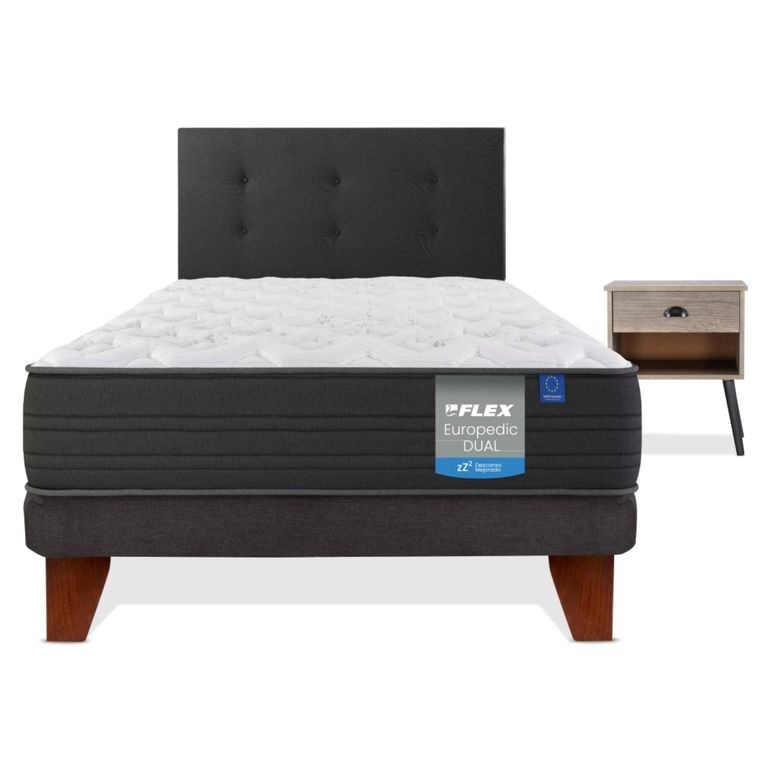 FLEX Cama Europea Europedic Dual 1 Plaza (90x190) + Respaldo Royal + Velador Rock