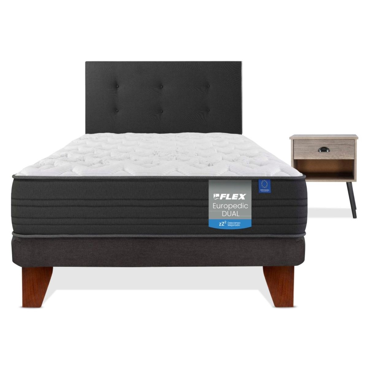 FLEX - Cama Europea Europedic Dual 1 Plaza (90x190) Flex + Respaldo Royal + Velador Rock