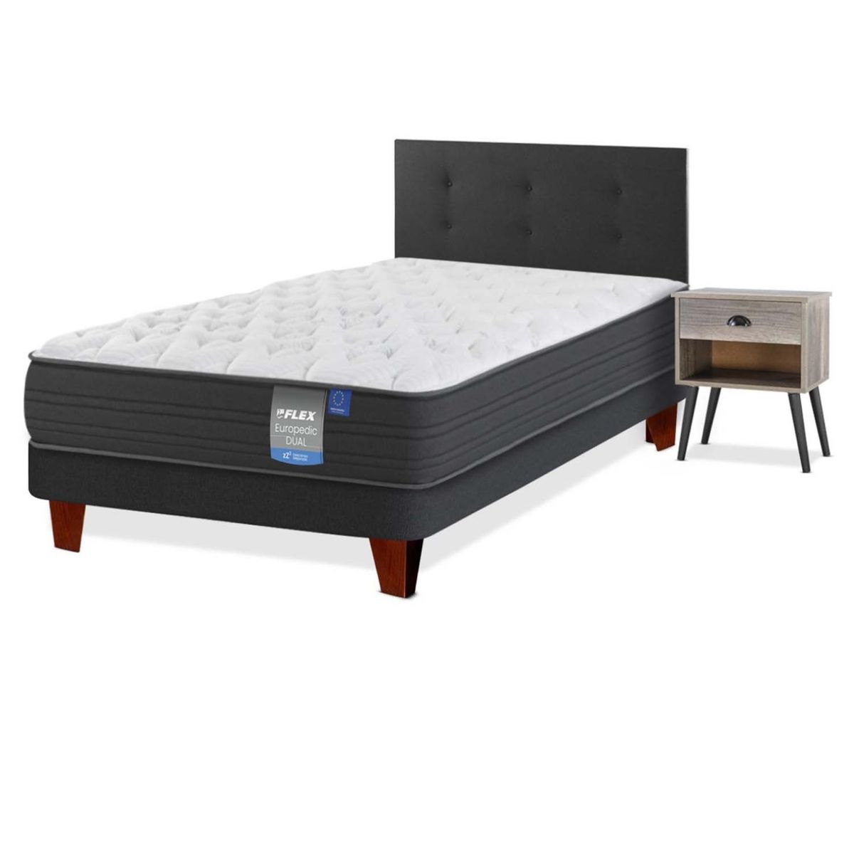 FLEX - Cama Europea Europedic Dual 1 Plaza (90x190) Flex + Respaldo Royal + Velador Rock