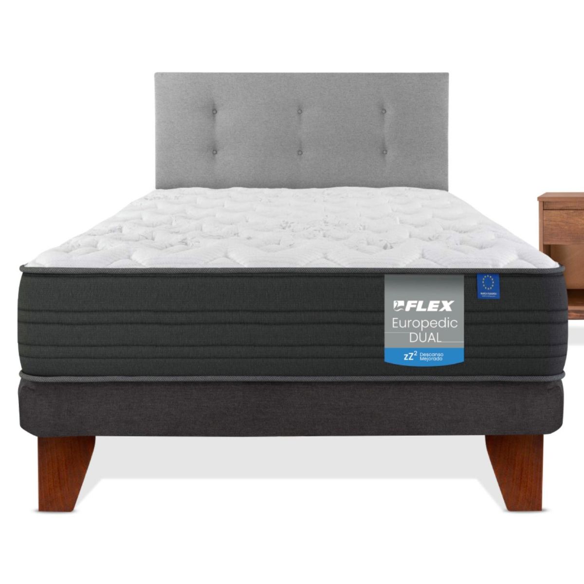 FLEX - Cama Europea Europedic Dual 1.5 Plazas x 2.00mt  + Respaldo + 1 Velador Flex