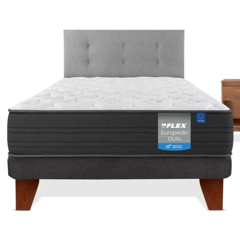 FLEX - CamaEuropea Europedic Dual 1.5 Plaza (105x200) Flex + Respaldo Roy + Velador Aten
