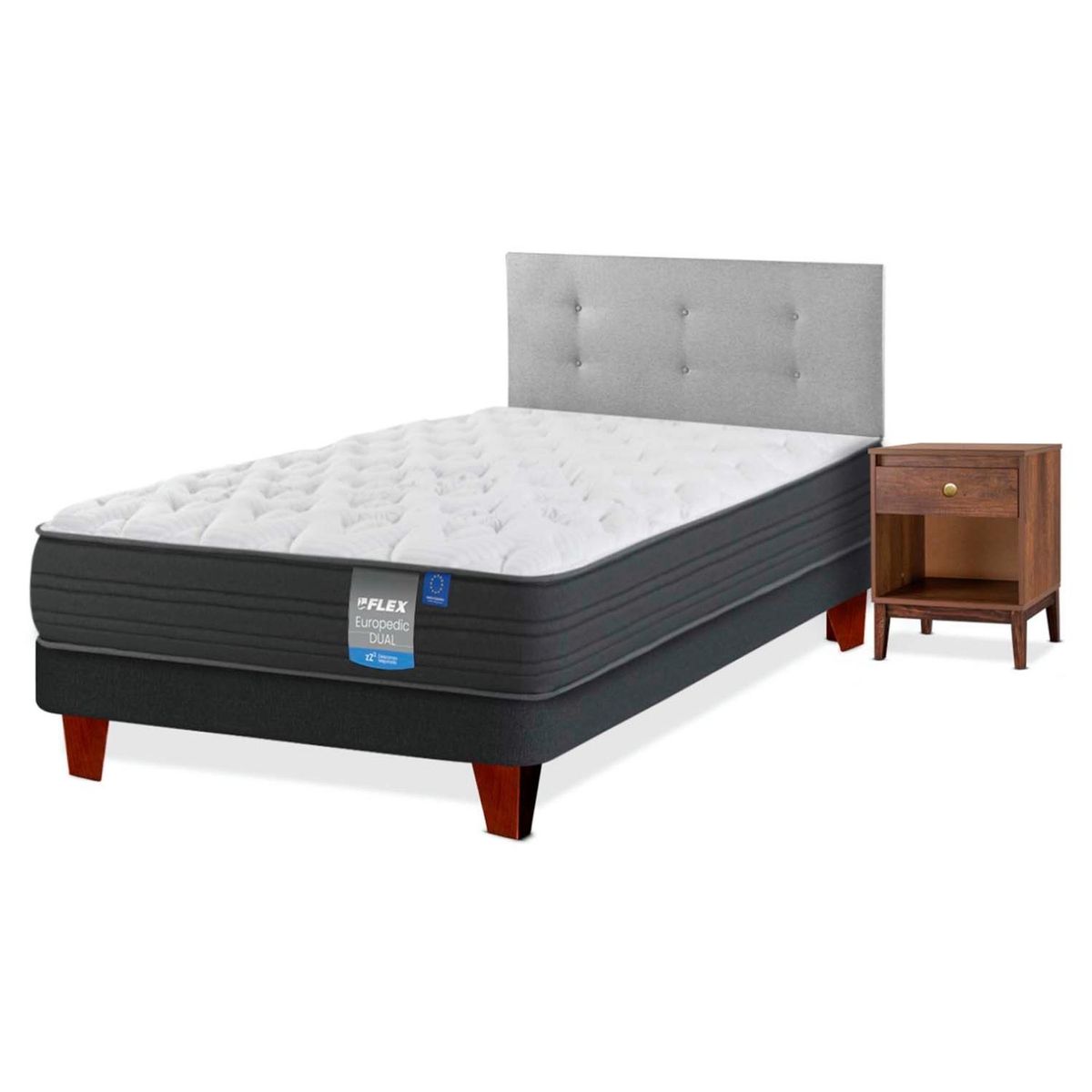 FLEX - Cama Europea Europedic Dual 1.5 Plazas x 2.00mt  + Respaldo + 1 Velador Flex