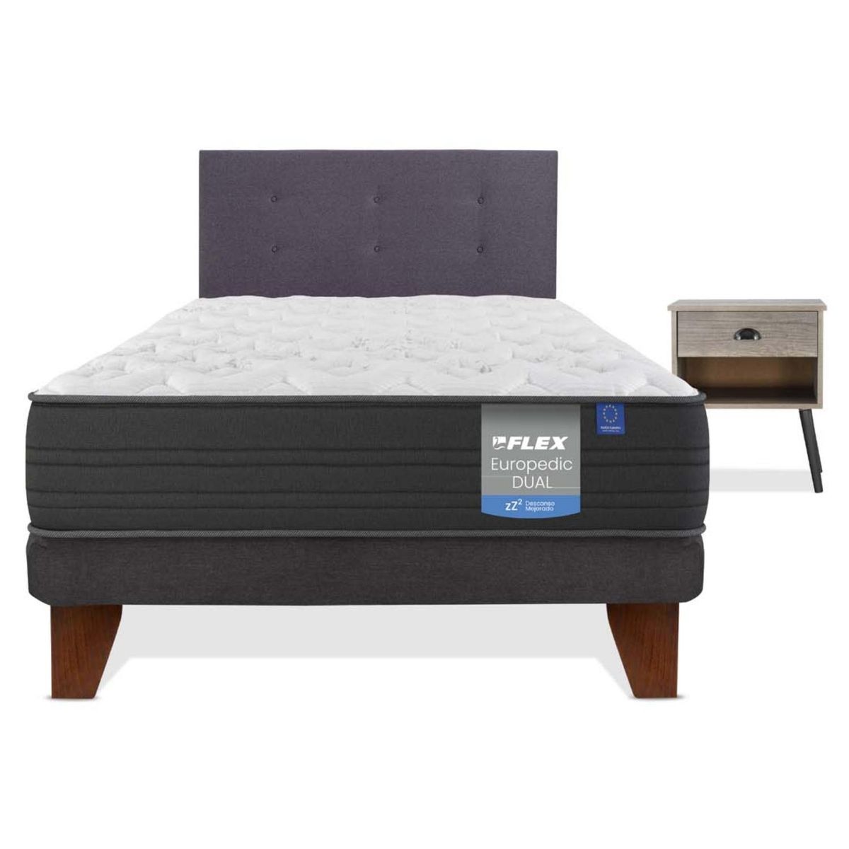 FLEX - Cama Europea Europedic Dual 1.5 Plaza (105x200) Flex + Respaldo Roy + Velador Rock