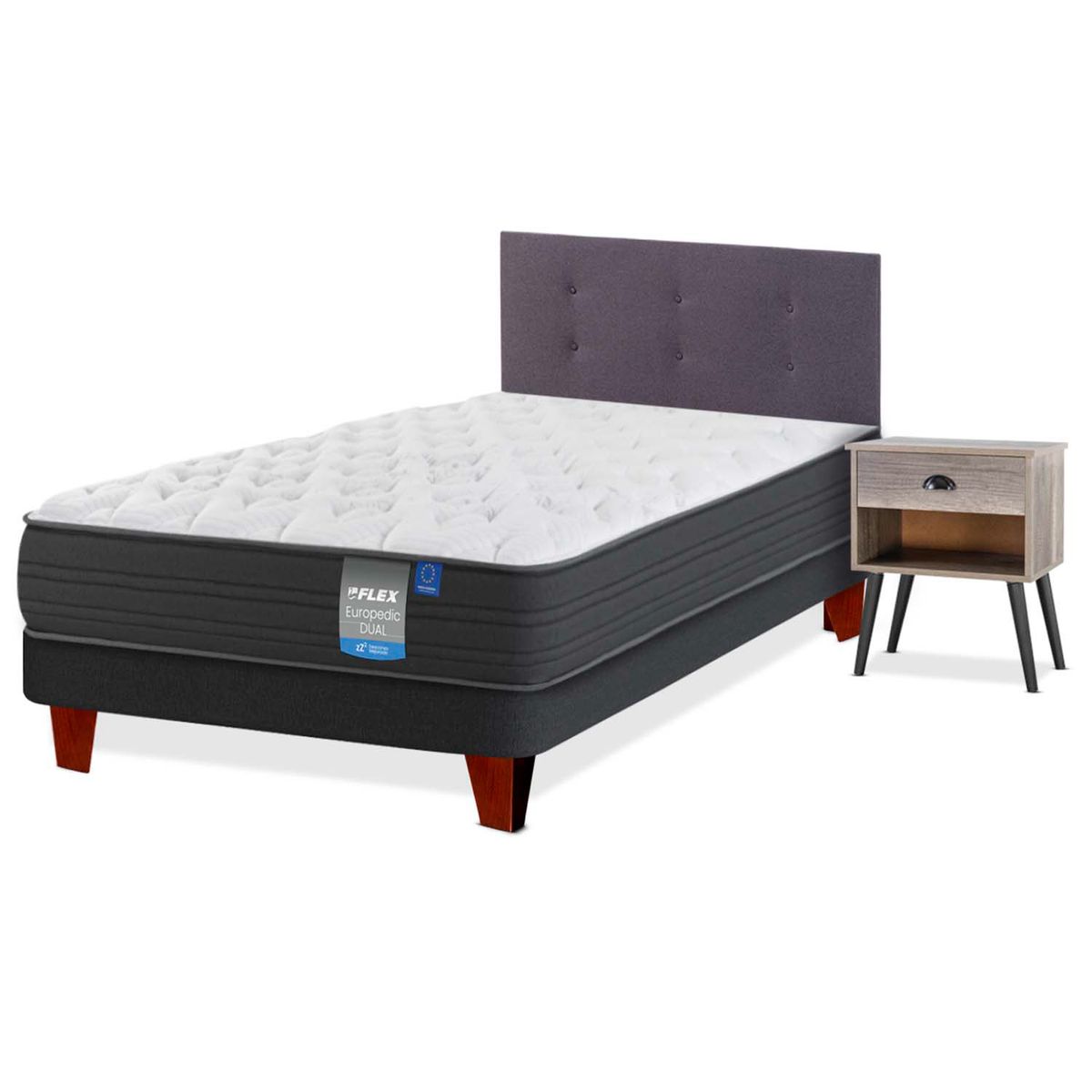 FLEX - Cama Europea Europedic Dual 1.5 Plaza (105x200) Flex + Respaldo Roy + Velador Rock