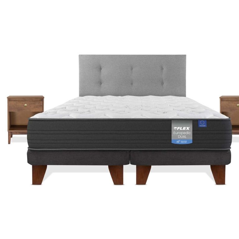 FLEX Cama Europea Europedic Dual 2 Plazas x 2.00mt Base Dividida + Respaldo + 2 Veladores