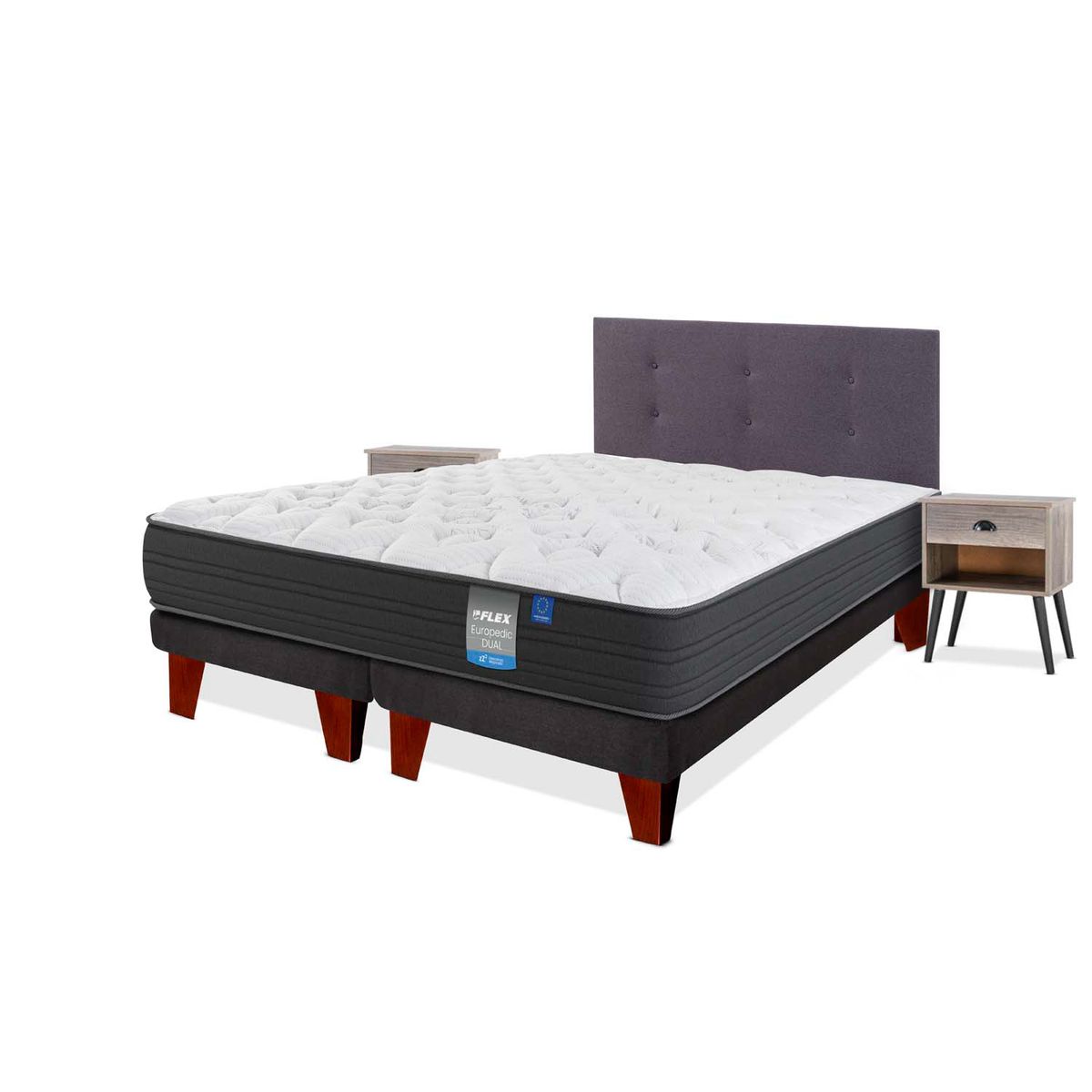 FLEX - Cama Europea Europedic Dual 2 Plazas x 2.00mt Base Dividida + Respaldo + 2 Veladores Flex