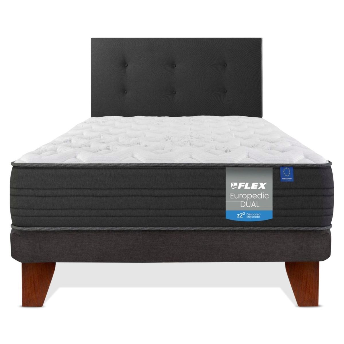 FLEX - Cama Europea Europedic Dual 1 Plaza (90x200) Flex + Respaldo Royal Negro