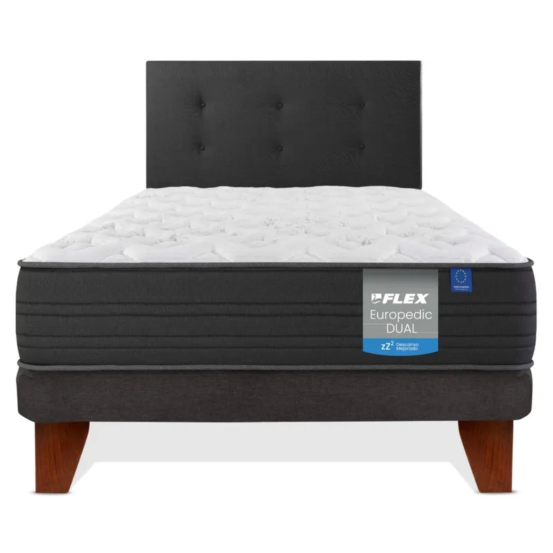 FLEX - Cama Europea Europedic Dual 1 Plaza (90x200) Flex + Respaldo Royal Negro