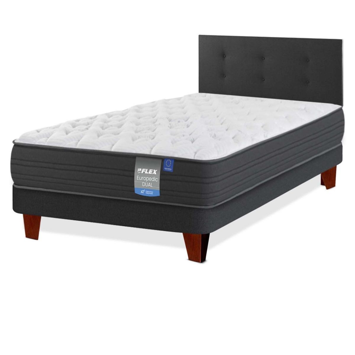 FLEX - Cama Europea Europedic Dual 1 Plaza (90x200) Flex + Respaldo Royal Negro